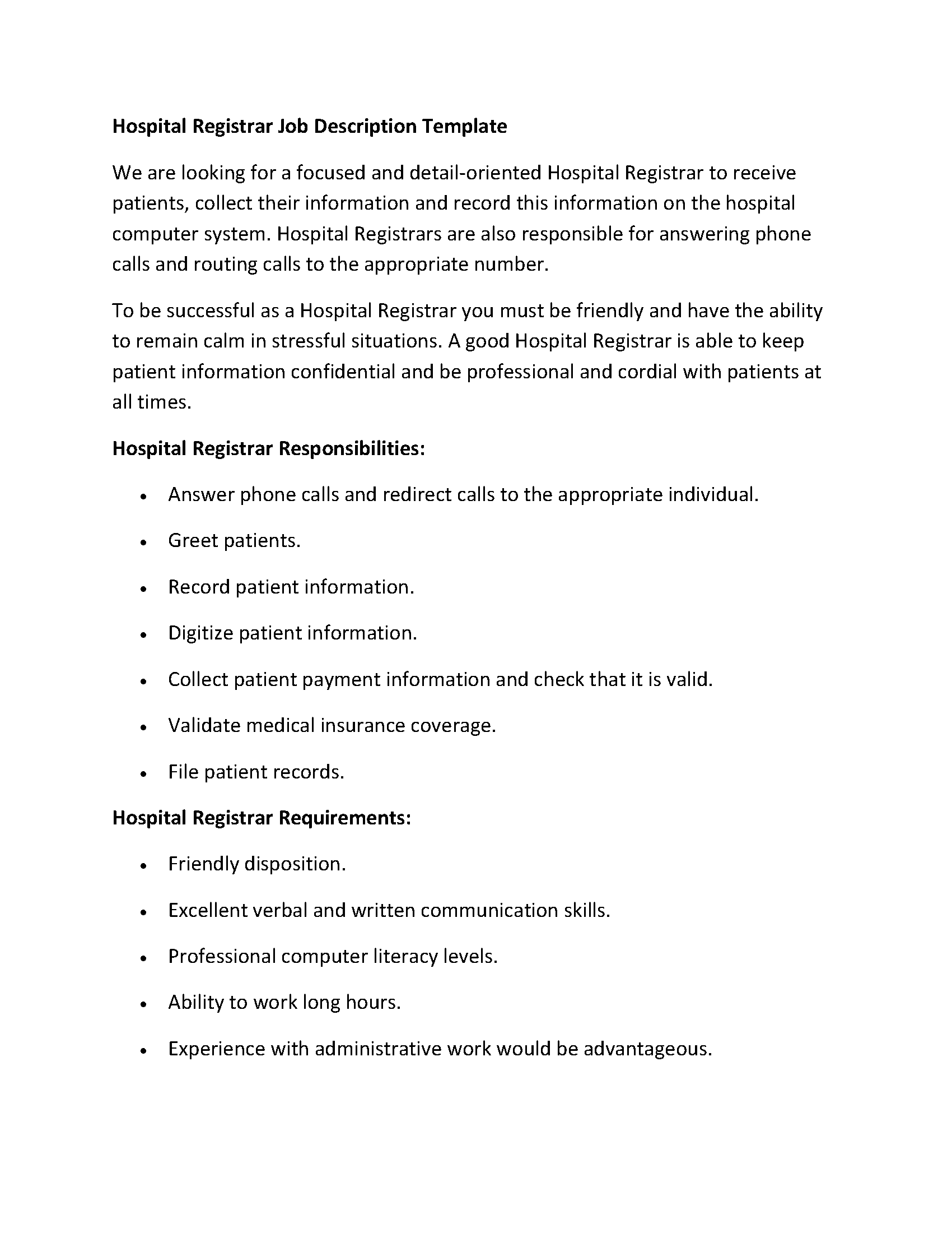 Hospital Registrar Job Description Template